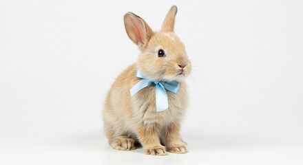 Obraz premium Adorable fluffy bunny sits serenely against bright white background wearing a light blue bow. AI Generated