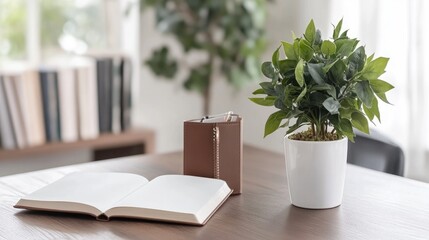 Potted plant on wooden table with books