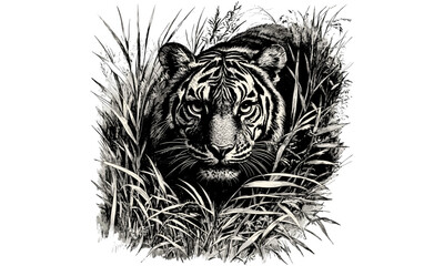 Retro tiger engraving, vintage monochrome wild cat line art, detailed fauna sketch, antique wildlife etching, hand-drawn safari animal print, old engraving style nature illustration