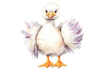Obraz premium Adorable Watercolor Illustration of a Fluffy White Gosling with Lavender Feathers