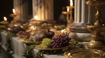 Ancient Feast: A Lavish Table Setting Under Candlelight