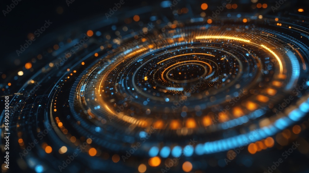 Poster a stunning image of glowing circular futuristic interface with blue and orange digital elements and 