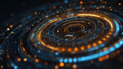 A stunning image of glowing circular futuristic interface with blue and orange digital elements and intricate geometric patterns in dark background.