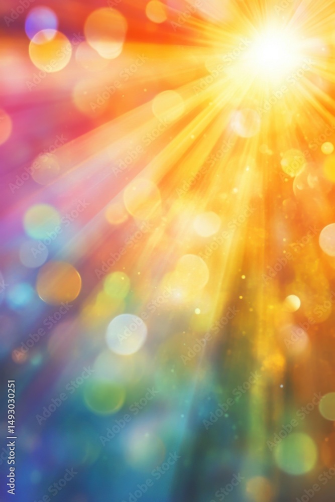 Poster bright sun rays streaming through abstract bokeh background with vibrant colors and light flares in 