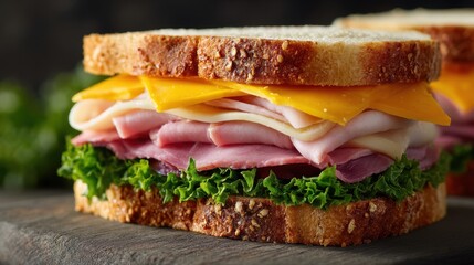 A stunning image of stunning image of close-up of a fresh sandwich with layers of sliced ham, cheddar cheese, lettuce, and toasted white bread showing detailed textures and.