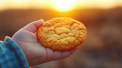 Childs hand holding cookie sunset.