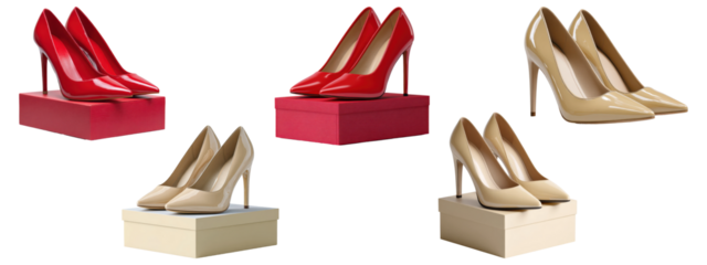 Set of red and beige patent leather high heel pumps on display boxes, isolated on transparent background