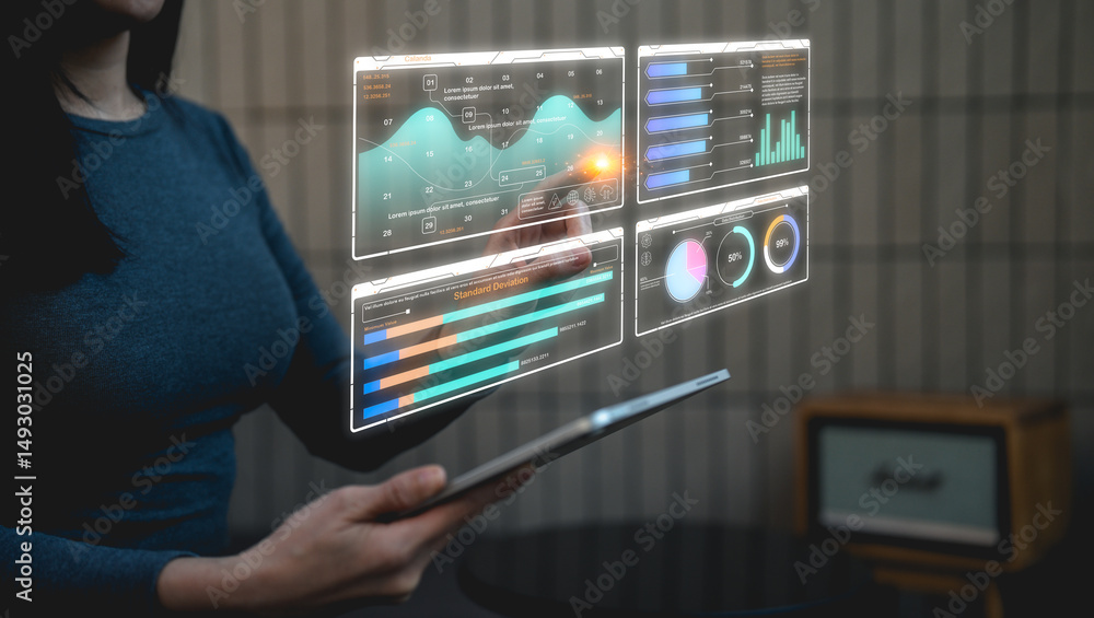Poster a woman interacts with futuristic digital data visualizations projected from a tablet, displaying an