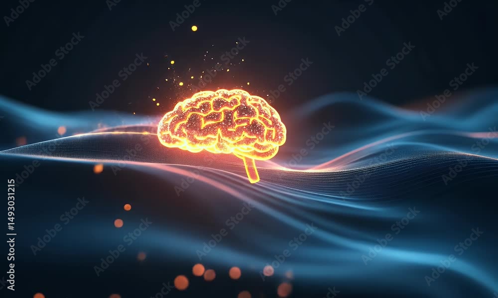 Poster a glowing brain floating in space with light beams shining out of it, stock photo, 3d render, hyper-