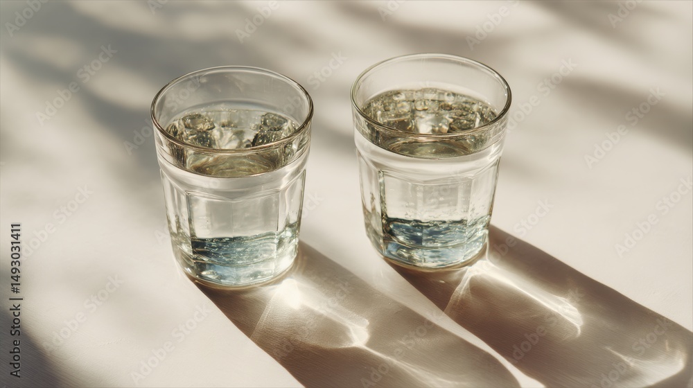Poster a stunning image of two clear glasses filled with sparkling water on a smooth white surface with sof