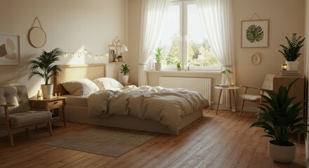 Cozy bedroom with natural light and plants