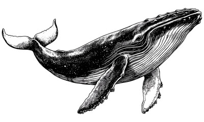 Whale in Sea Illustration, Old Etching Style, Vintage Black Ink Sketch, Coastal Wall Art, Nautical Mammal Decor, Monochrome Ocean Drawing, maritime home decor, © Vintage studio
