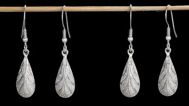 Elegant Silver Earrings on Display with Intricate Leaf Patterns and Graceful Design for Fashion Photography