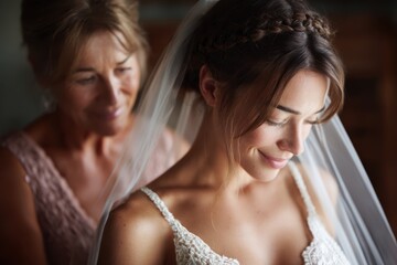 Fototapeta premium Bride Getting Ready With Mother on Wedding Day, Evoking Family Support and Celebration of New Beginnings : Generative AI