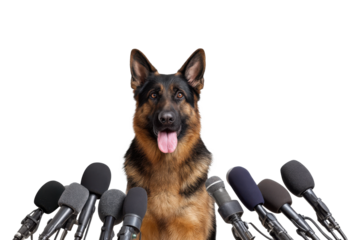 German Shepherd dog giving press conference with microphones in front, isolated on transparent background