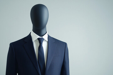 front-facing mannequin wearing a well-cut navy or charcoal blazer, against a plain light grey background, with clear copy space on the right side--ideal for high-end tailoring advertisement