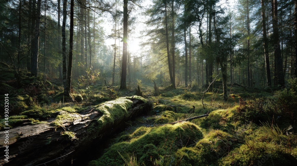 Poster a stunning image of sunlight filtering through tall pine trees illuminating green moss and low veget