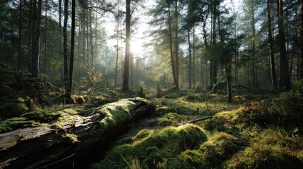 Obraz premium A stunning image of sunlight filtering through tall pine trees illuminating green moss and low vegetation with a fallen tree trunk in a serene forest.