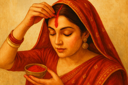 traditional indian woman in red saree applying sindoor on forehead, holding brass bowl of vermillion, cultural representation of marriage ritual and devotion. concept hindu tradition, spirituality