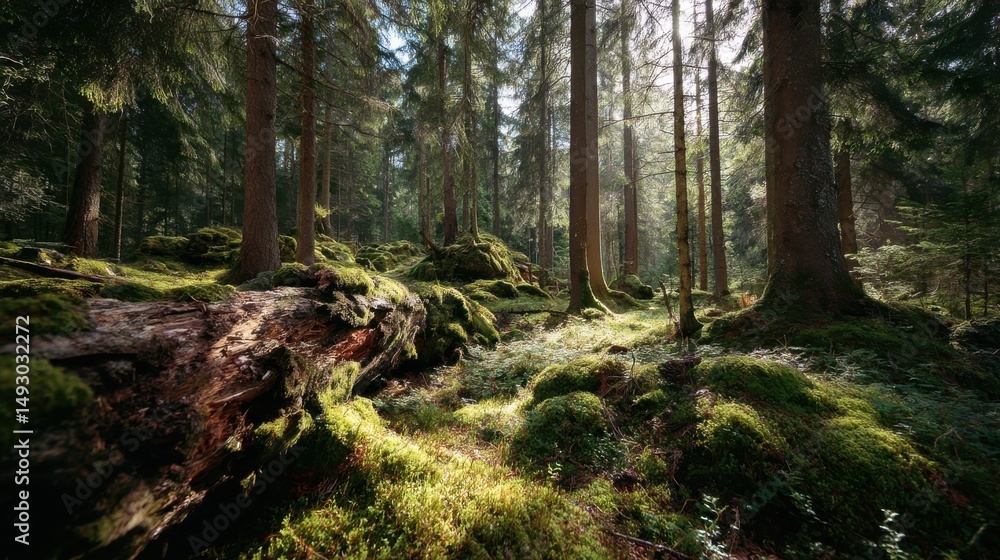Poster a stunning image of stunning image of sunlight filtering through tall pine trees illuminating green 