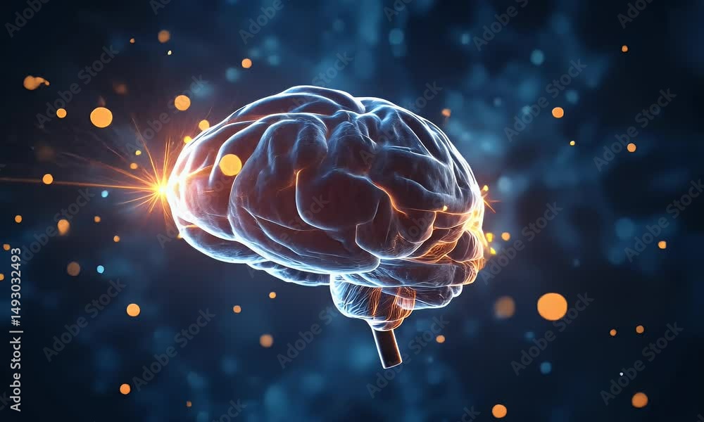 Poster a glowing brain floating in space with light beams shining out of it, stock photo, 3d render, hyper-