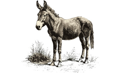Wild donkey vintage engraving, hand-drawn desert mammal sketch, retro monochrome wildlife illustration, rustic decor art, old engraving style, trendy nature print