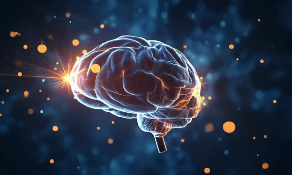 A glowing brain floating in space with light beams shining out of it, stock photo, 3D render, hyper-realistic, dark blue background, bokeh