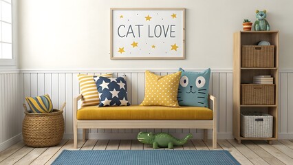 Childrens room decor yellow sofa cat theme