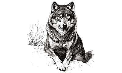 Vintage Wolf Engraving in Snow, Monochrome Line Art, Rustic Wildlife Etching, Detailed Nature Illustration, Antique Animal Print, Old Style Sketch, Forest Mammal Drawing