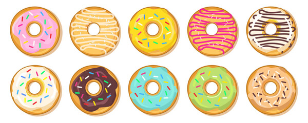 Set of colorful donuts. Various types of donuts in glaze and chocolate, cafe design elements, menu, advertising banner. Vector flat cartoon illustration
