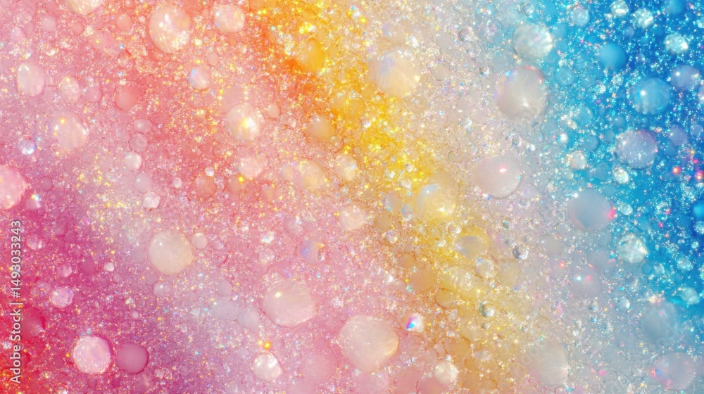 Poster rainbow gradient bubbles abstract background close up macro shot pastel colors and glittering partic