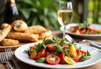 Fresh tomato salad with basil and lemon slices served on a white plate with drinks in the background