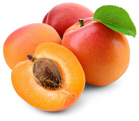 Apricot png. Apricots: whole and a half with leaf isolated on white or transparent background. Cut...