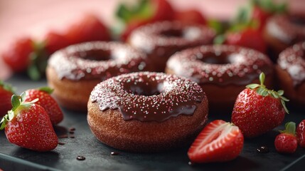 Chocolate glazed donuts with pink sprinkles and fresh strawberries