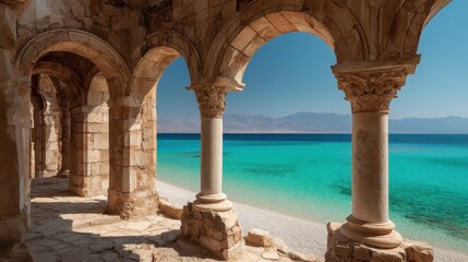 Obraz premium A stunning image of stunning image of ancient stone arches and columns framing a serene turquoise beach with clear skies and distant mountains on a sunny day.