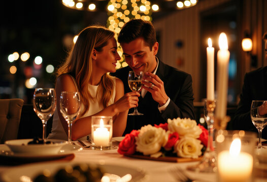 A young couple toasts with wine at an elegant dinner party in a warmly lit setting