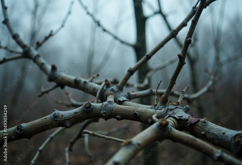 Poster close-up of bare tree branches in a foggy forest setting