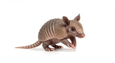 Obraz premium Cute baby armadillo boldly poses against bright white background. AI Generated