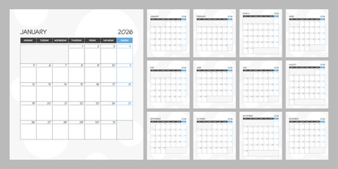 Monthly calendar blue square planner schedule for 2026 year. Week Starts on Monday
