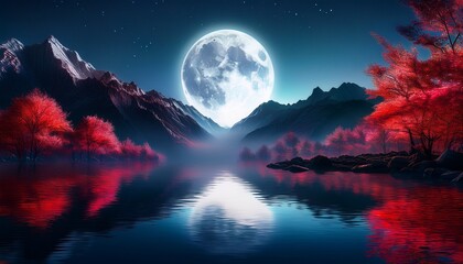fantasy night landscape with a giant glowing moon misty mountains and red foliage reflecting in a tranquil lake