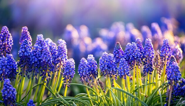 close up background of purple muscari or blue grape hyacinth flowers in field in spring