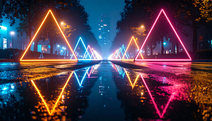 Neon triangular shapes reflected on puddles, night street, wet asphalt. Surreal and futuristic vibe