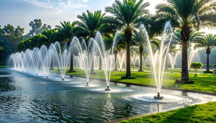 Majestic Palm Trees with Water Jets Spraying in a Lush Green Landscape Under Ambient Light