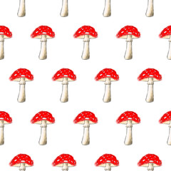 Hand drawn watercolor red mushroom seamless pattern 