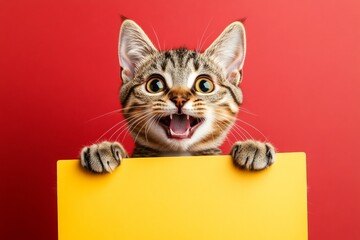 Ad poster with cat. Cute cat for sign. Funny kitty ad. Isolated cat on a solid clothing red background. &ETH;&iexcl;ute adult cat european shorthair hold in front paws a prototype - large yellow way s.