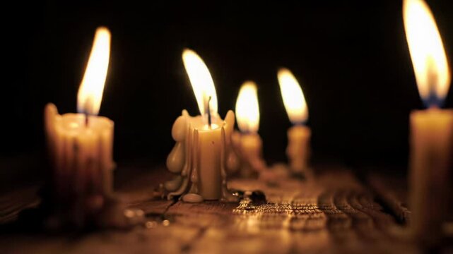 Several drippy old candles burning on a dark wooden surface with a black background, close-up view candlelight creating a warm and mystical atmosphere, footage