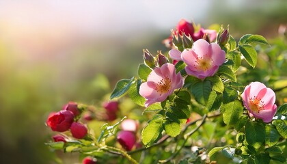 wild growing flowering rosebush with red rose hips naturpanorama