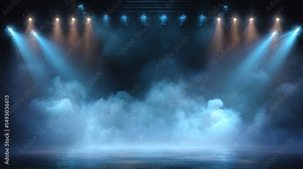 Poster a stunning image of stunning image of empty stage with spotlights and smoke banner background with c