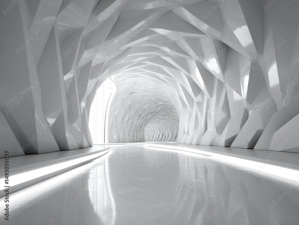 Poster abstract white tunnel with jagged walls and soft illuminated pathway