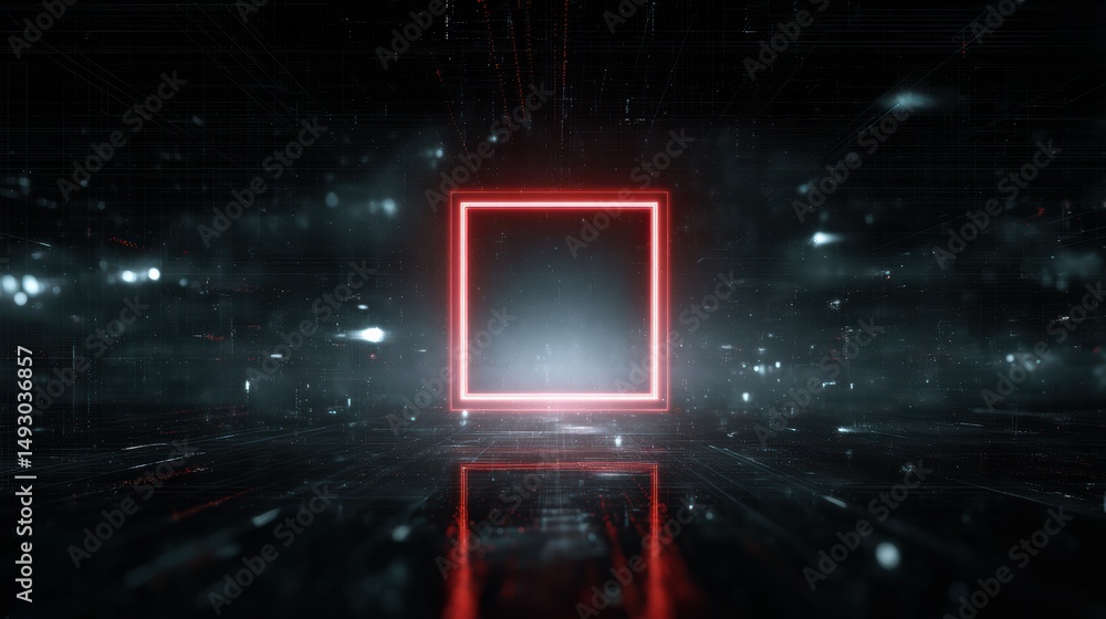 Poster a glowing red neon square floats in a dark, futuristic digital space filled with reflections and lig
